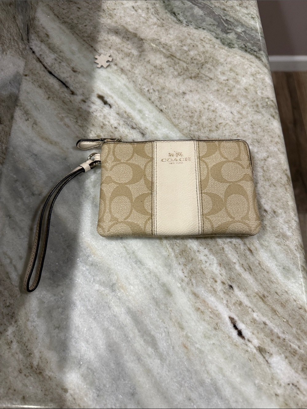 Coach Beige Signature Wristlet with Cream Center Stripe